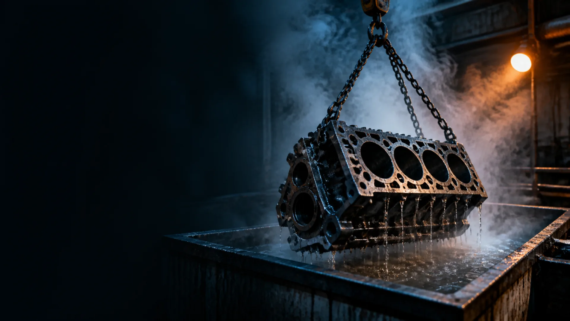 Engine block lifted from a heated alkaline soak tank