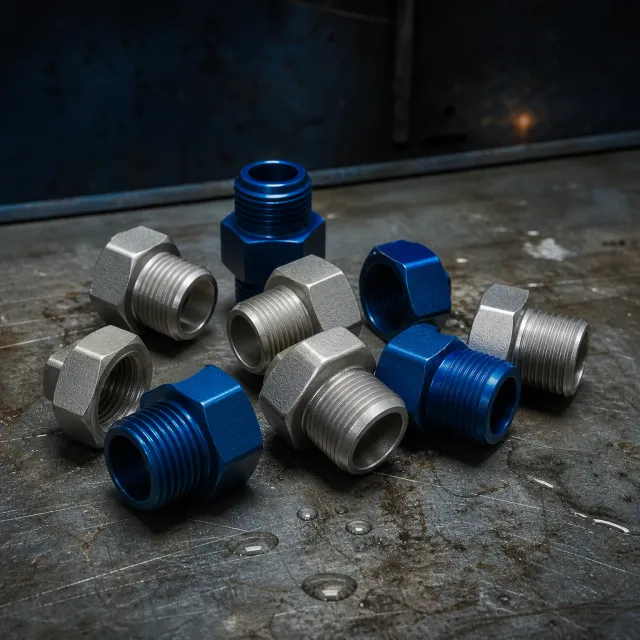 Anodized aluminum fittings in blue and natural finishes on a steel bench