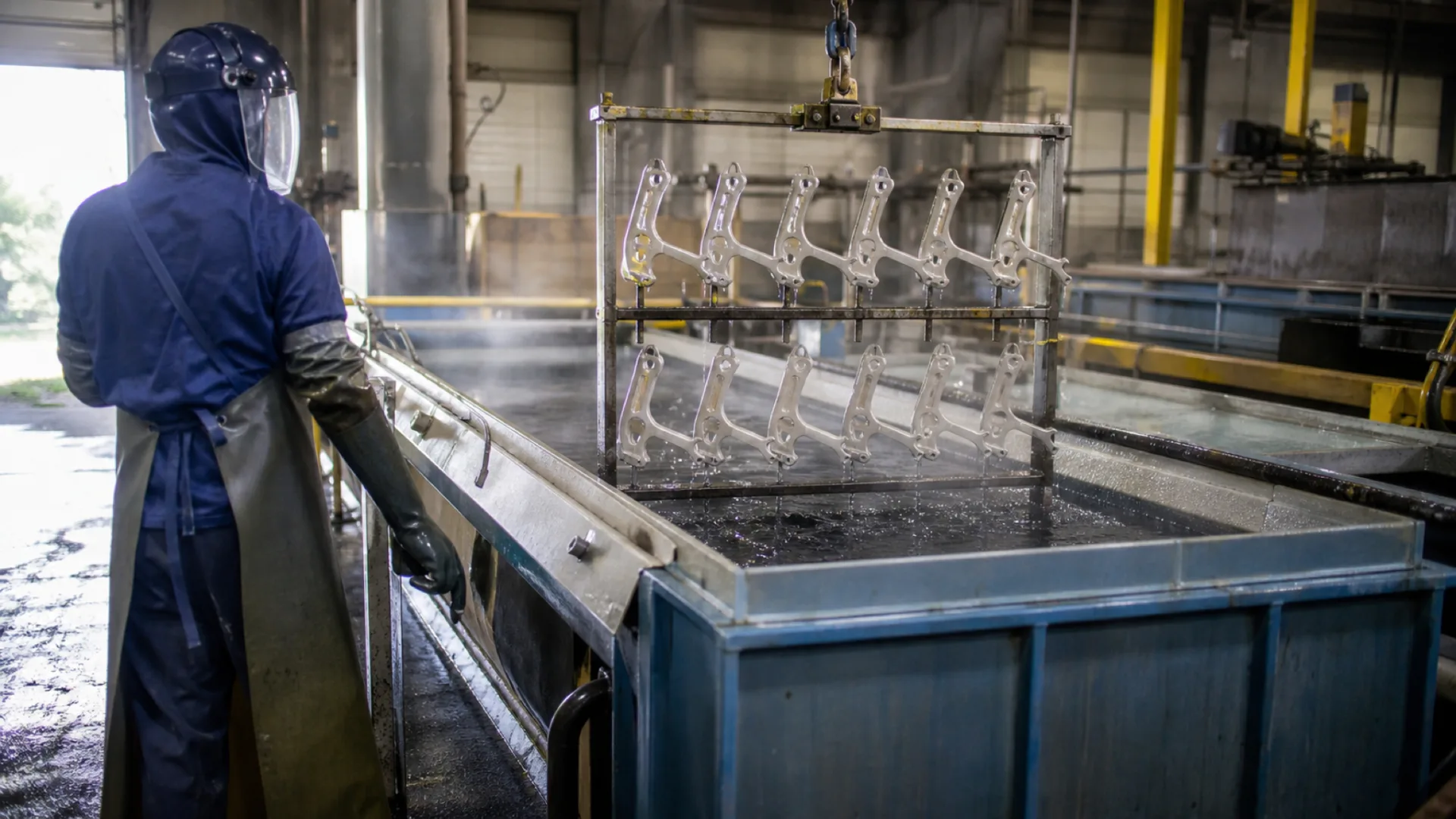 Rack of machined aluminum brackets lifted from an anodizing tank