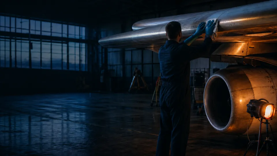 Technician wiping the leading edge of an aircraft wing in a maintenance hangar at dawn
