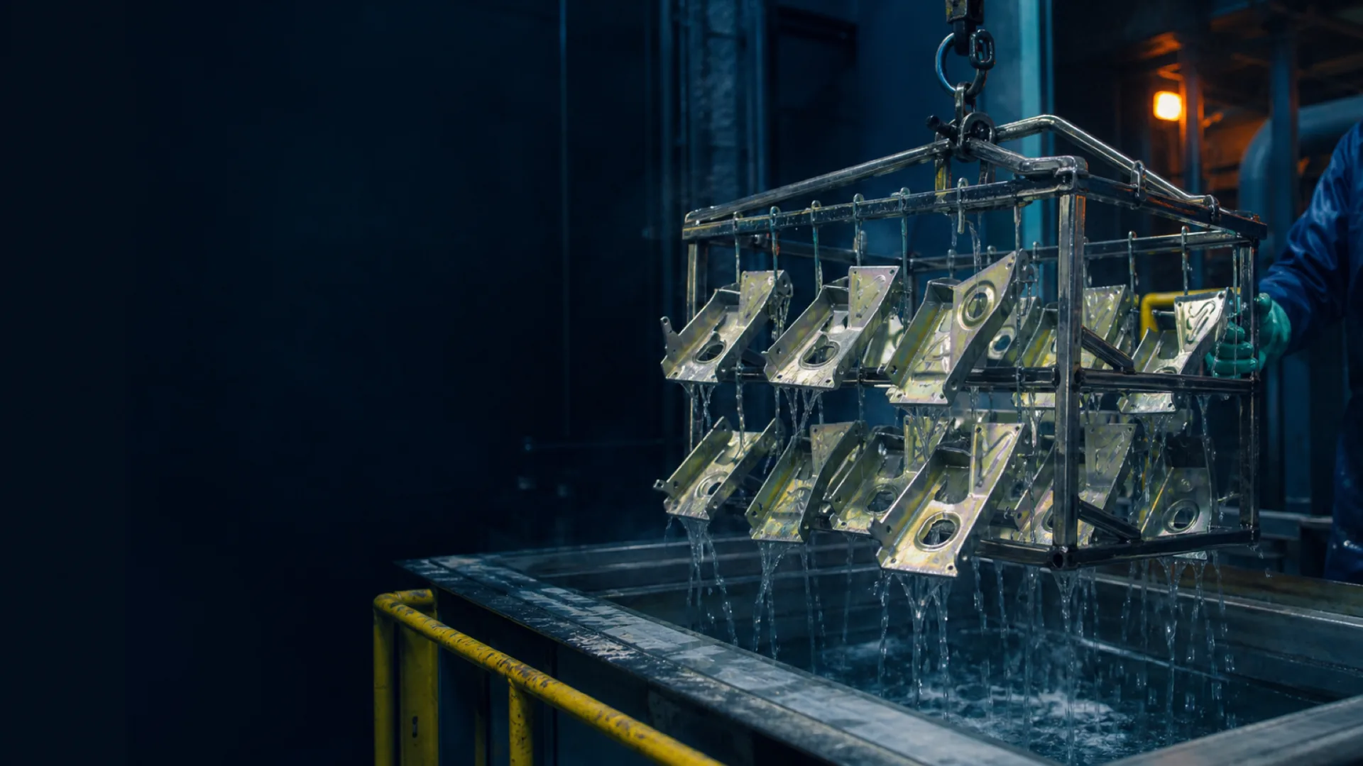 Aluminum brackets with a golden conversion coating draining above a tank