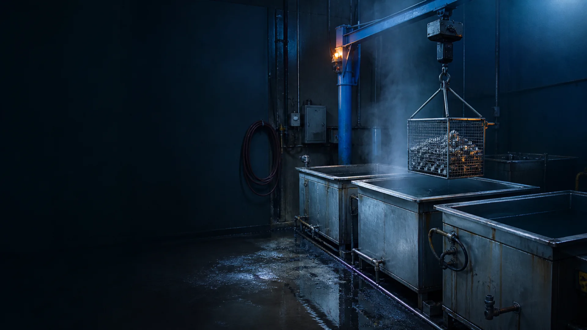 Immersion cleaning line with three stainless tanks and a basket of parts on a jib hoist