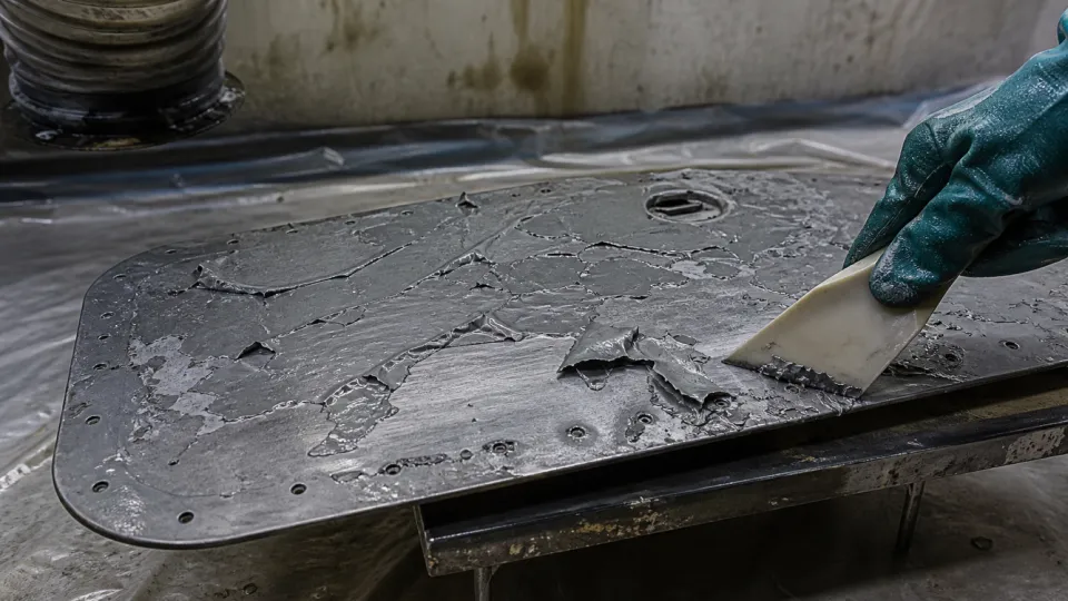 Old coating lifting from an aluminum access panel under a plastic scraper