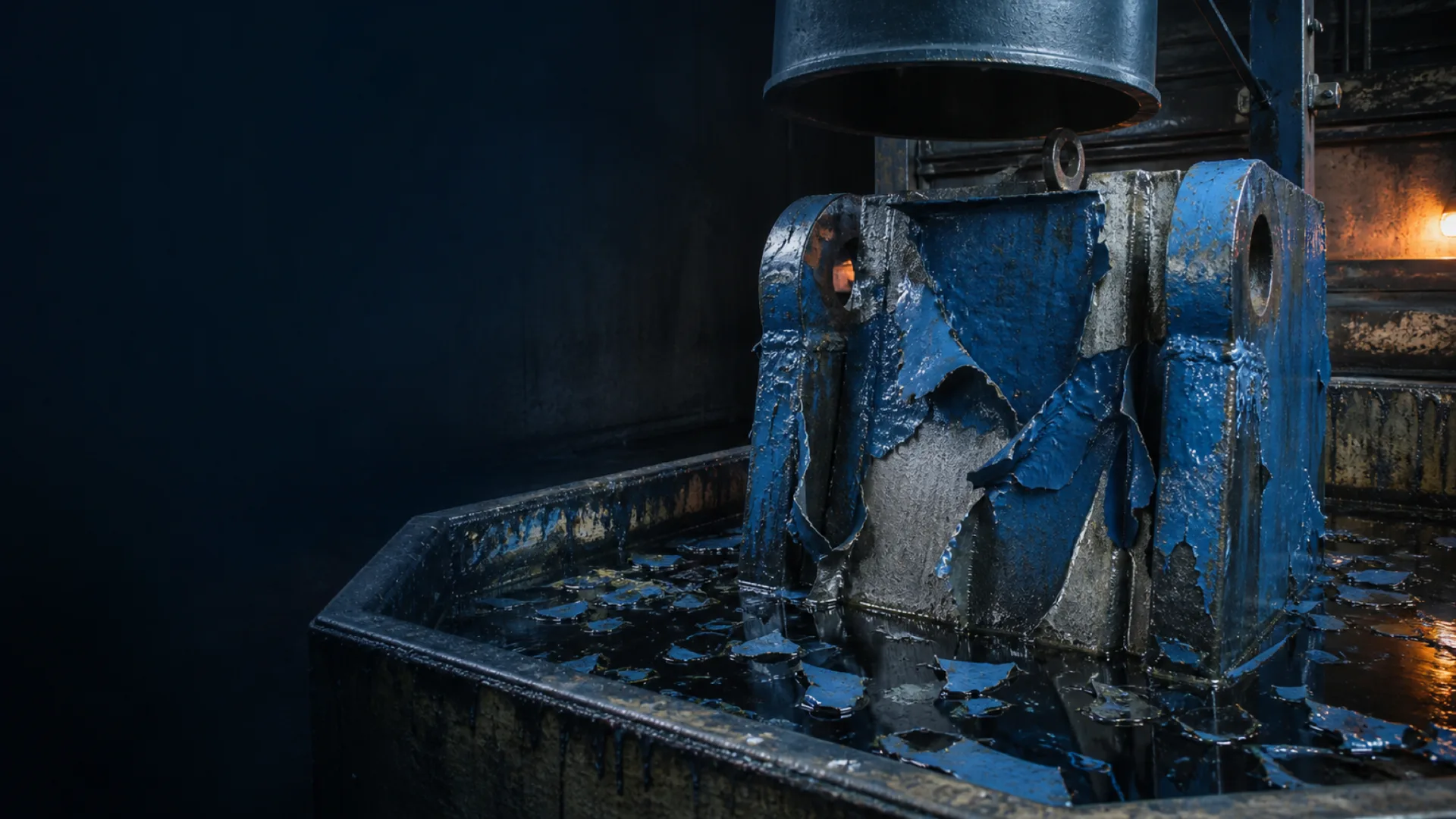 Heavy multi-layer paint sloughing off a steel fitting in a stripping tank