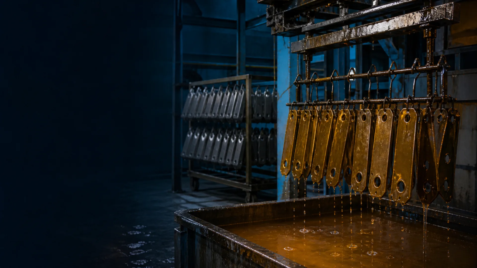 Steel parts draining a translucent amber corrosion-preventive film on a dip rack