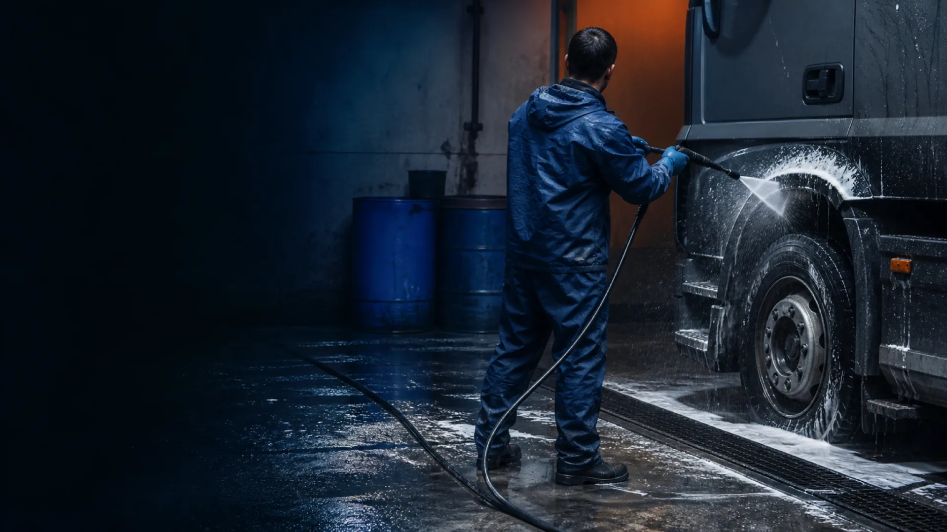 Technician pressure-washing road grime from a heavy truck in a maintenance bay