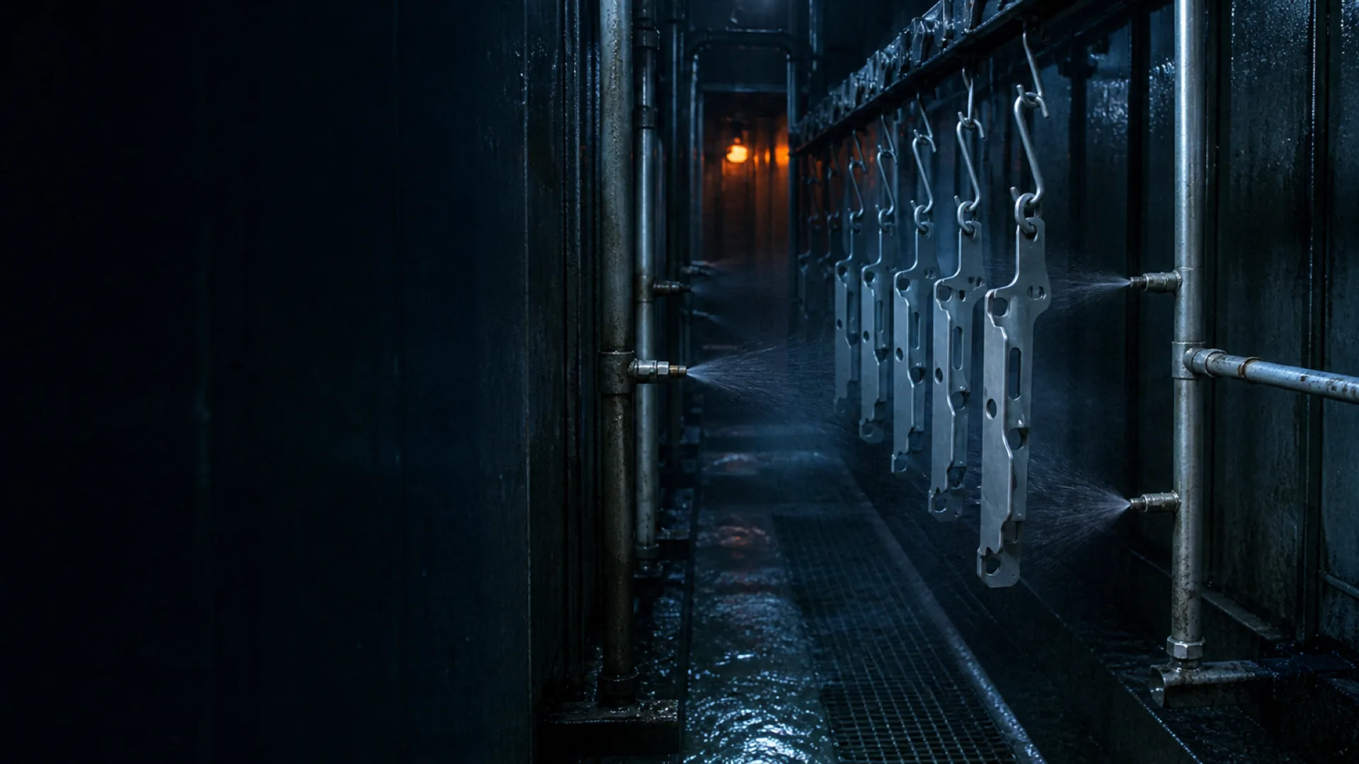 Spray nozzles coating hanging steel brackets inside an iron-phosphate stage
