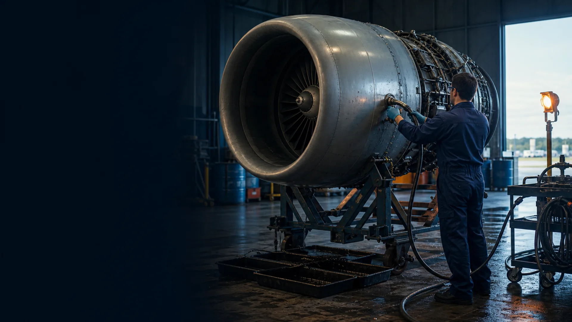 Technician connecting an engine-wash rig to a turbofan engine on a maintenance stand
