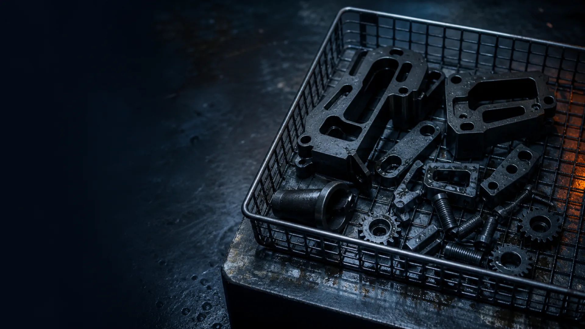 Manganese-phosphated components with a light oil sheen on a wire tray