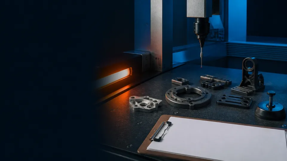 Aerospace parts on an inspection mat beneath a coordinate-measuring probe