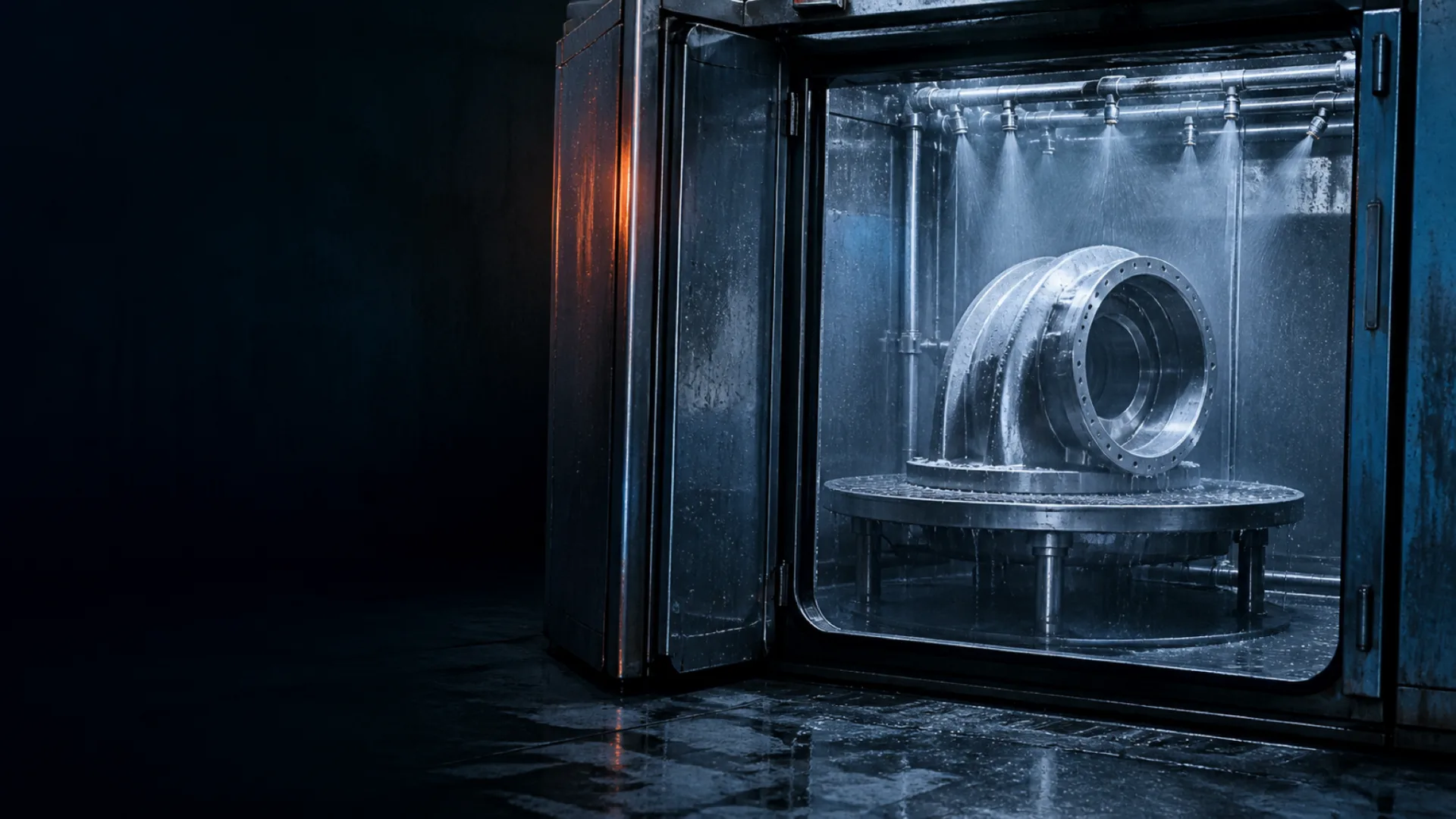Spray-wash cabinet rinsing a turbine housing on a turntable