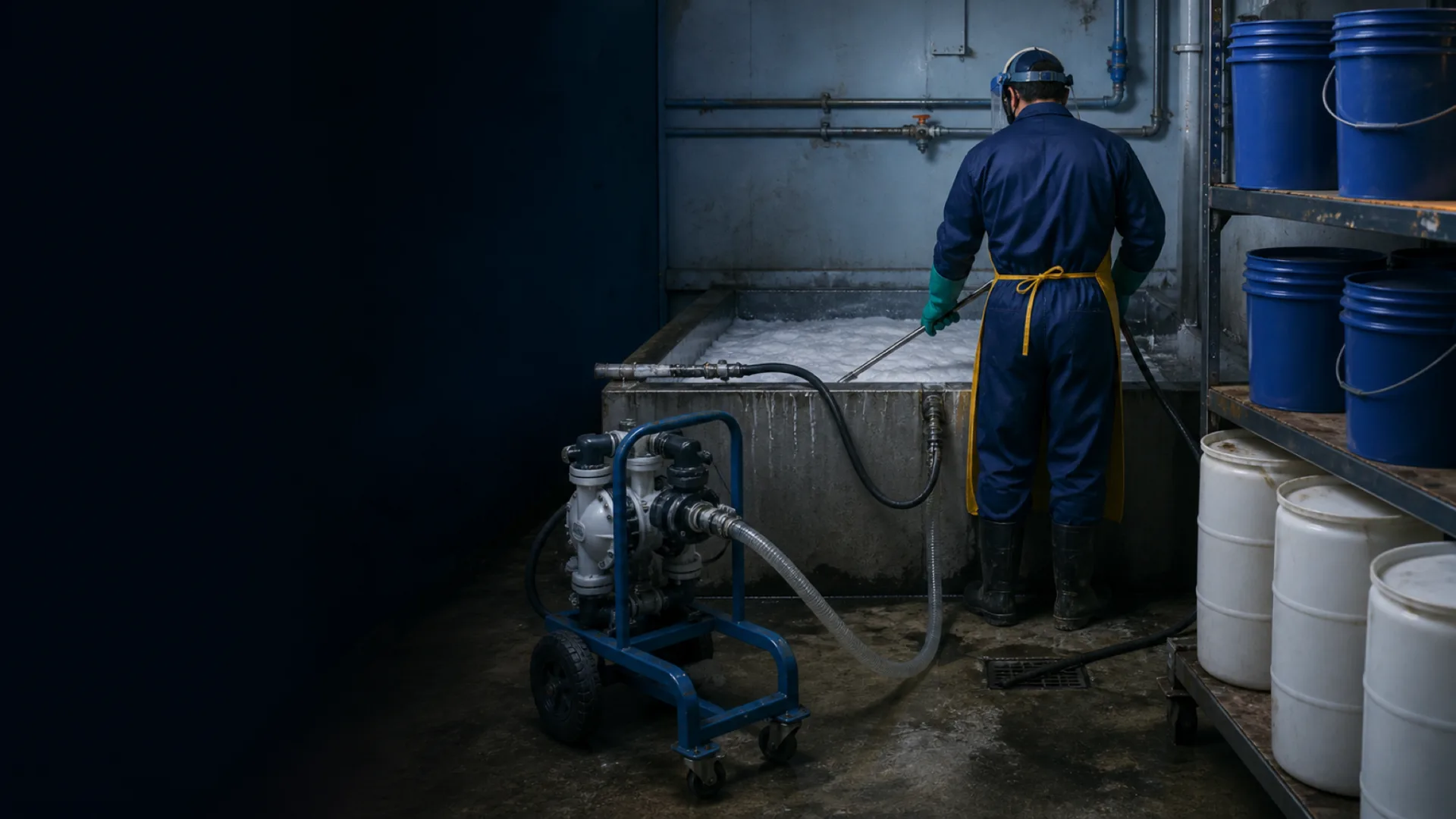 Operator knocking down foam in a process tank beside a pump cart and unlabeled pails