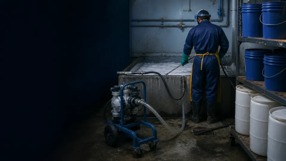 Operator knocking down foam in a process tank beside a pump cart and unlabeled pails