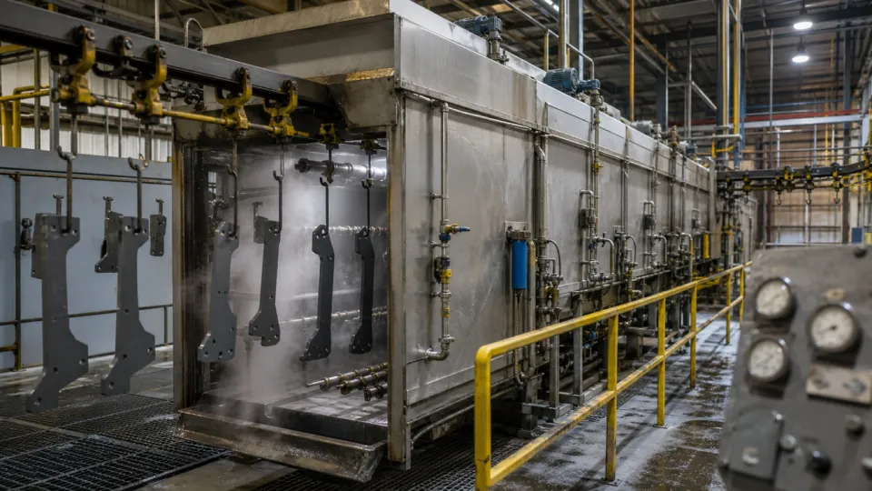 Steel parts on an overhead conveyor entering a spray-washer pretreatment tunnel
