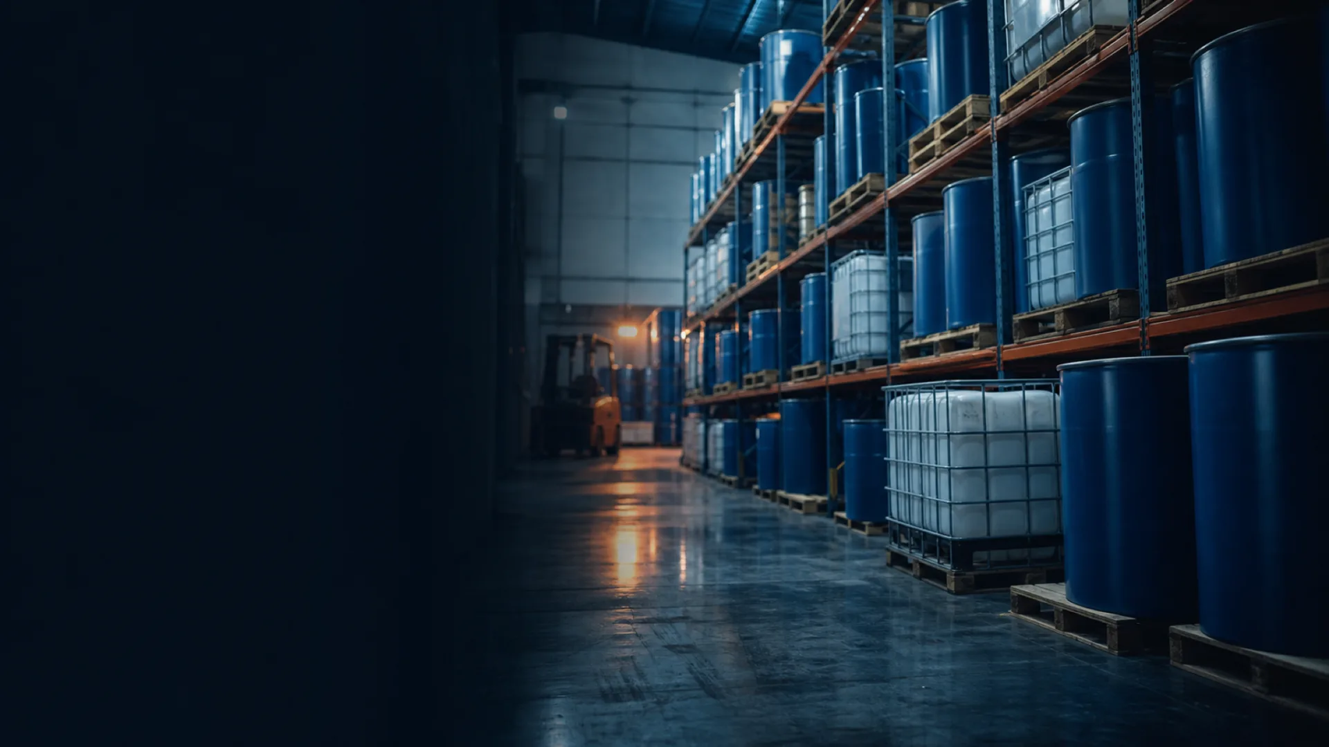Industrial chemical warehouse aisle with unlabeled drums and totes on pallet racking