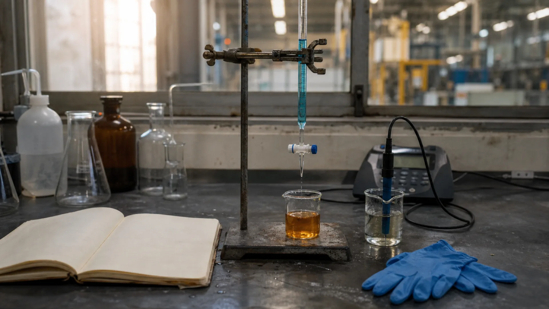 Titration burette, pH meter, and glassware on an industrial QC bench