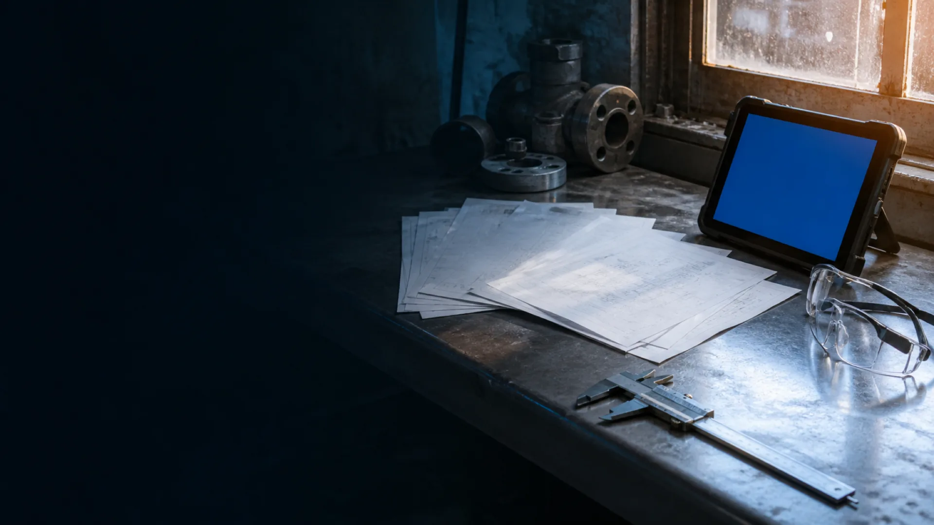 Technical data sheets, calipers, and safety glasses on an engineer’s steel desk
