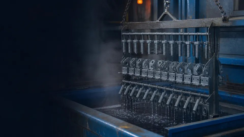 Rack of fasteners and small components lifted from a zinc-phosphate bath